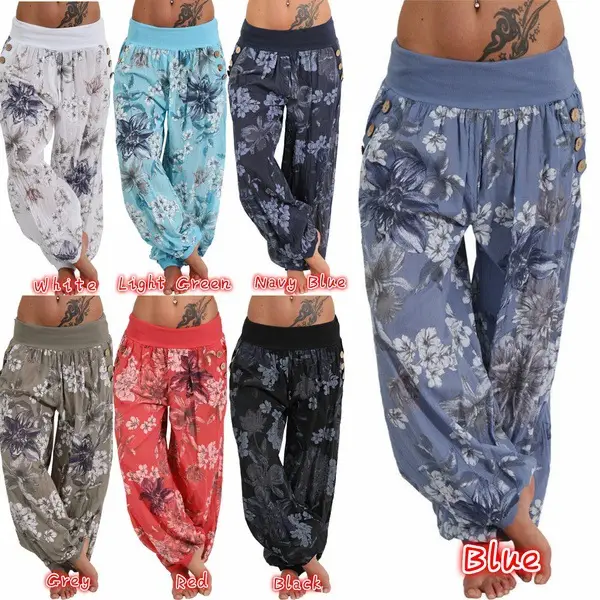 Light Blue Floral Wide Leg Pants Women's Casual Loose Fit