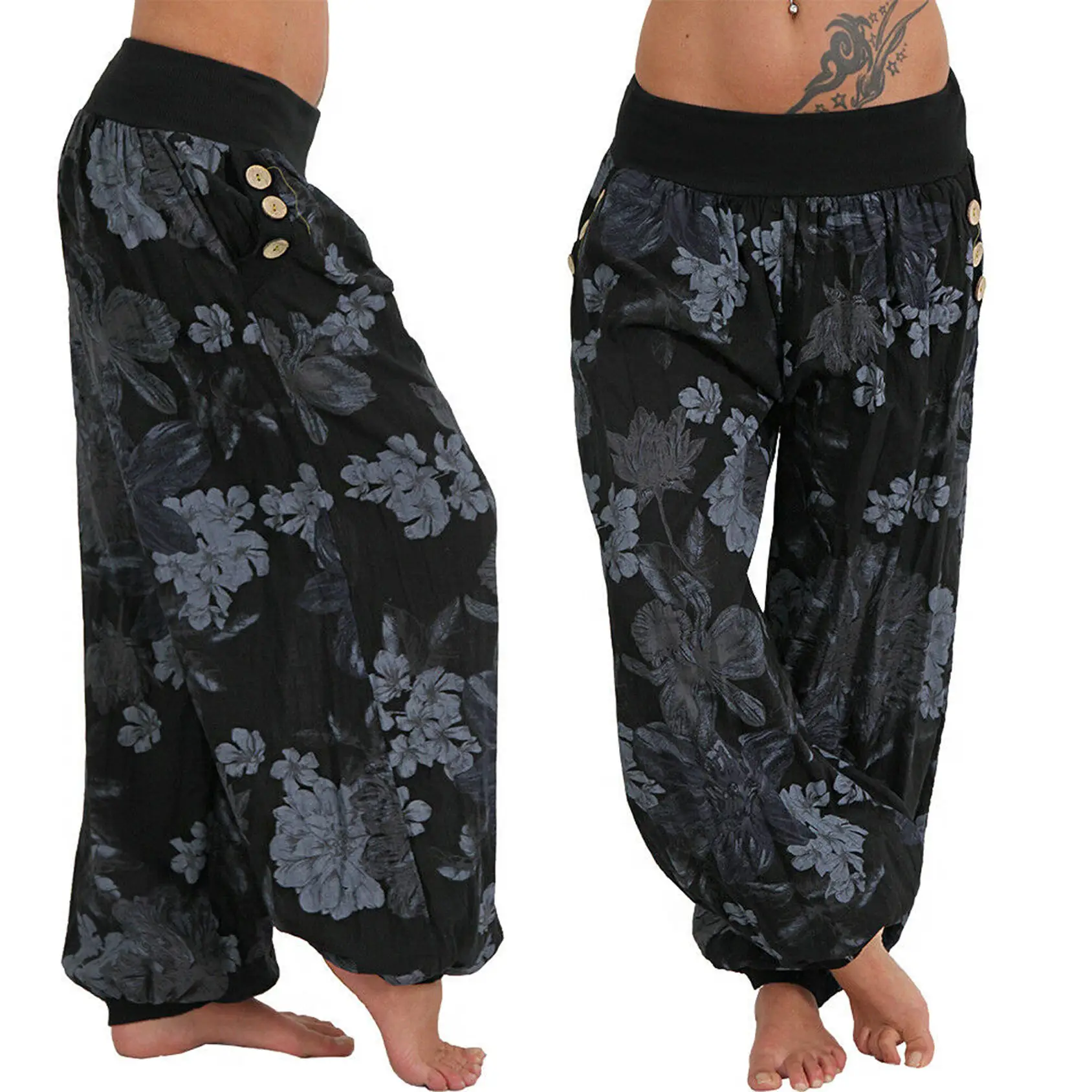 Light Blue Floral Wide Leg Pants Women's Casual Loose Fit