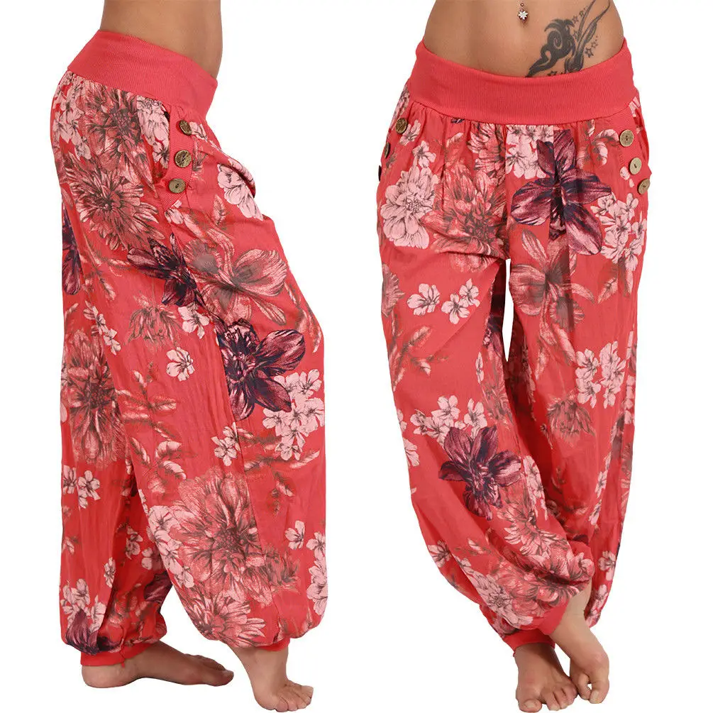 Light Blue Floral Wide Leg Pants Women's Casual Loose Fit