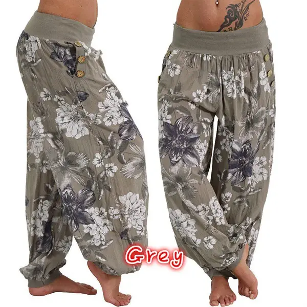 Light Blue Floral Wide Leg Pants Women's Casual Loose Fit