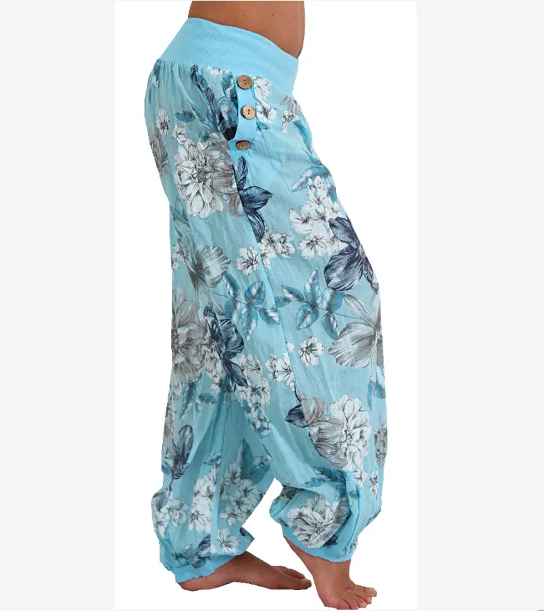 Light Blue Floral Wide Leg Pants Women's Casual Loose Fit