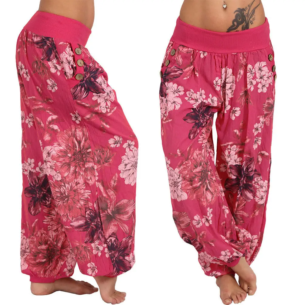 Light Blue Floral Wide Leg Pants Women's Casual Loose Fit