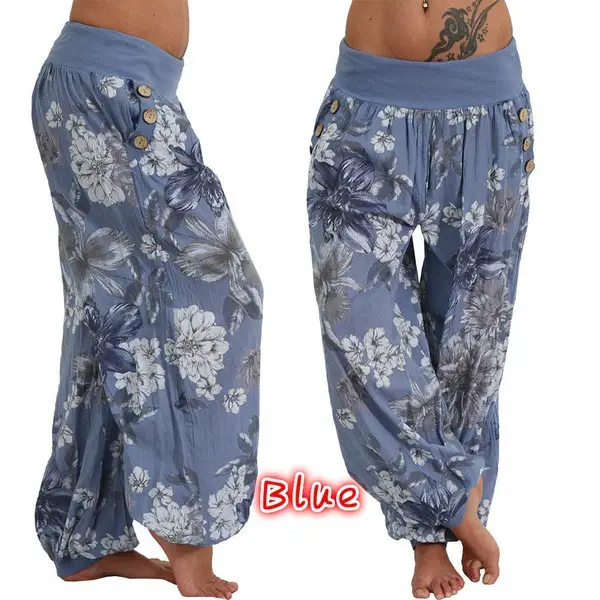 Light Blue Floral Wide Leg Pants Women's Casual Loose Fit