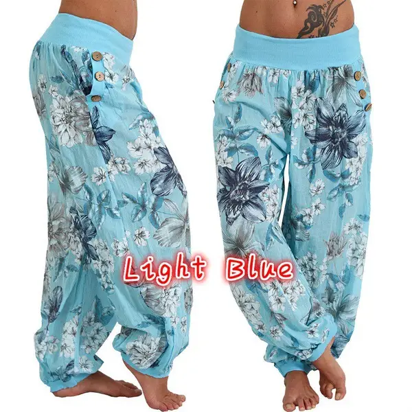 Light Blue Floral Wide Leg Pants Women's Casual Loose Fit