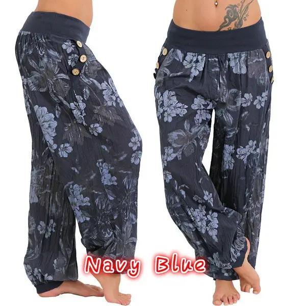 Light Blue Floral Wide Leg Pants Women's Casual Loose Fit