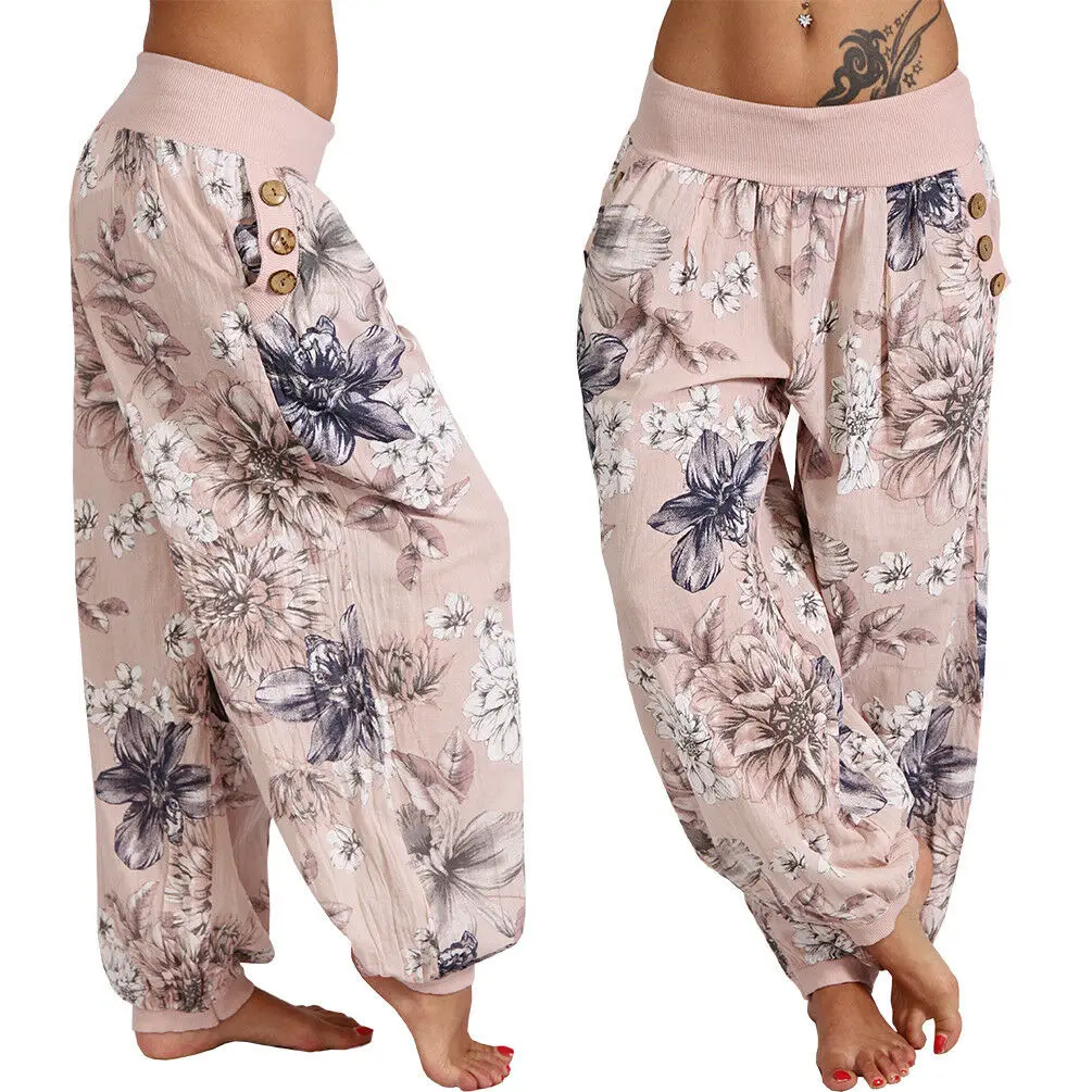 Light Blue Floral Wide Leg Pants Women's Casual Loose Fit