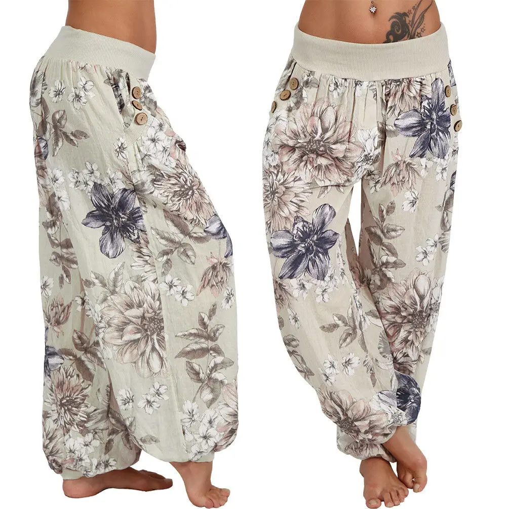Light Blue Floral Wide Leg Pants Women's Casual Loose Fit