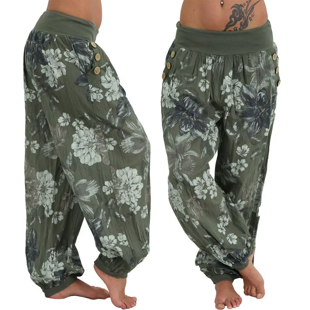 Light Blue Floral Wide Leg Pants Women's Casual Loose Fit