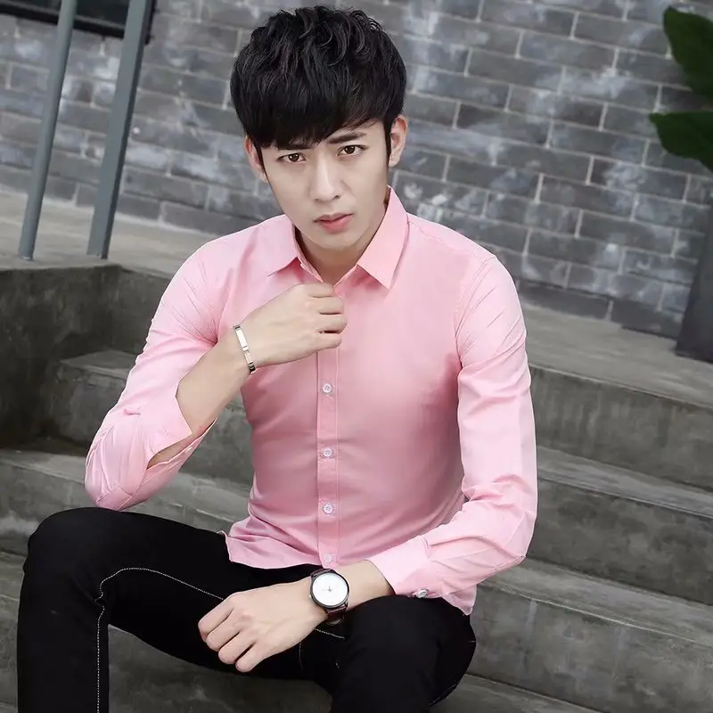Men's Pure Color Long-Sleeved Business Shirt Slim Fit - Image 10