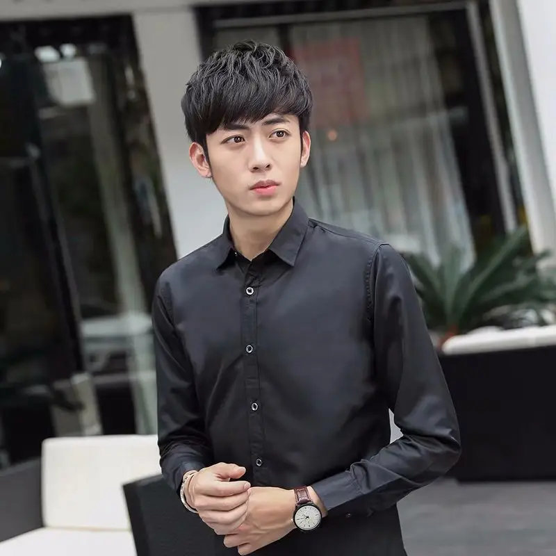 Men's Pure Color Long-Sleeved Business Shirt Slim Fit - Image 2