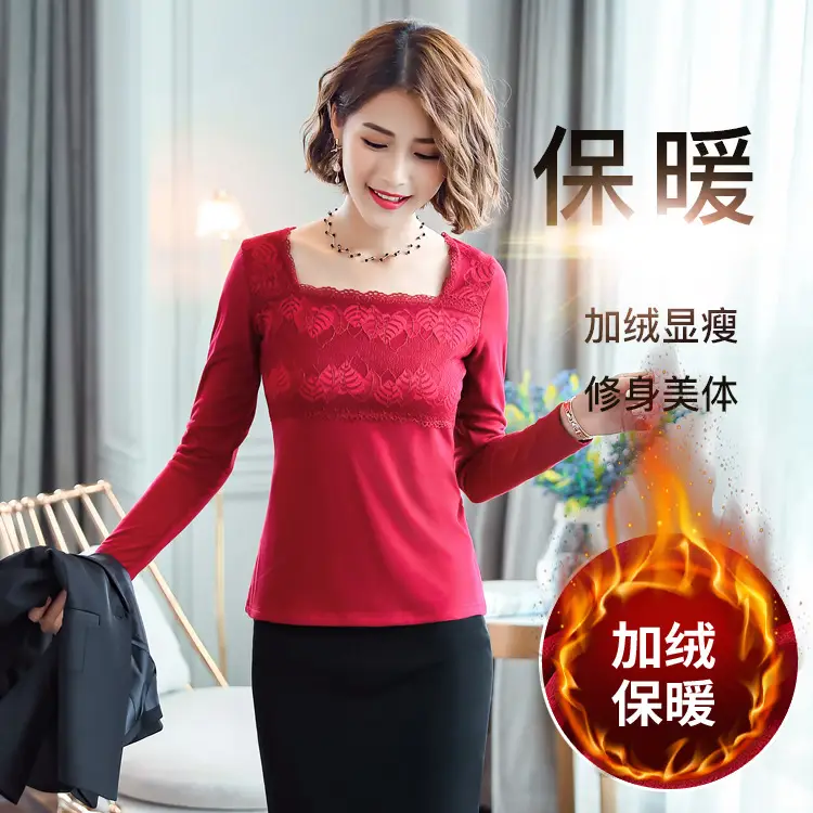 Women Fleece Lined Long Sleeve Top Black Red Slim Fit Large