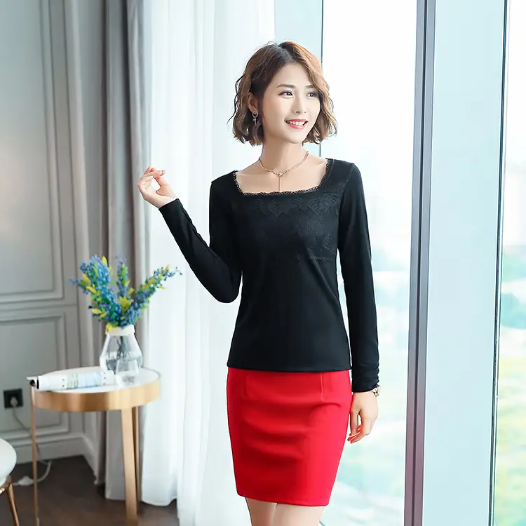 Women Fleece Lined Long Sleeve Top Black Red Slim Fit Large
