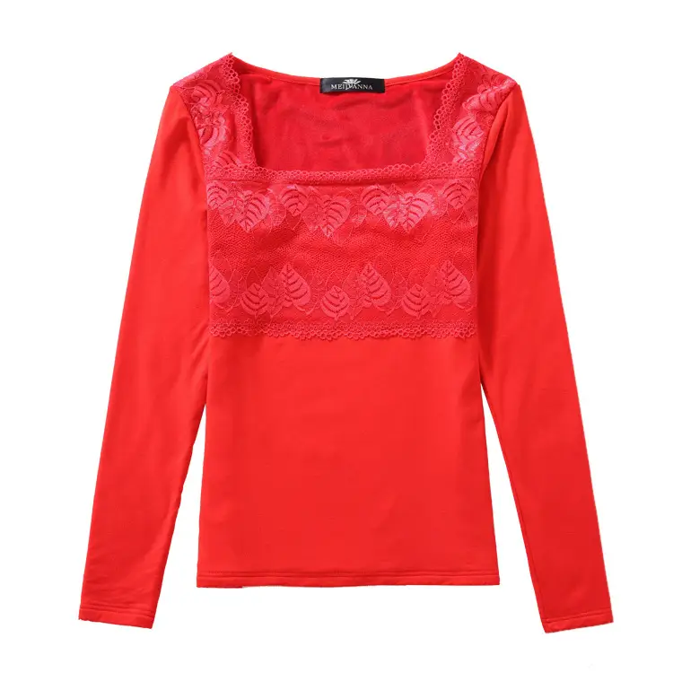Women Fleece Lined Long Sleeve Top Black Red Slim Fit Large