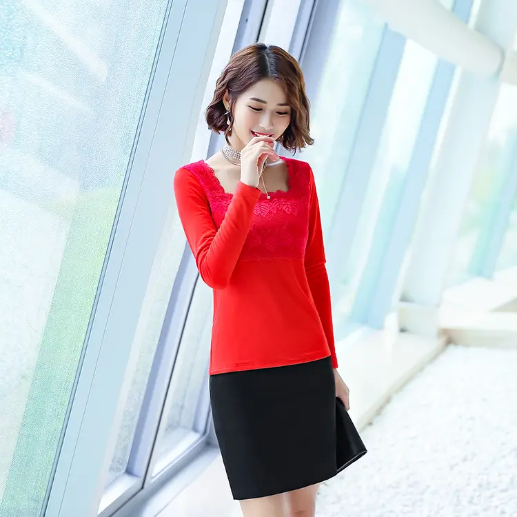 Women Fleece Lined Long Sleeve Top Black Red Slim Fit Large
