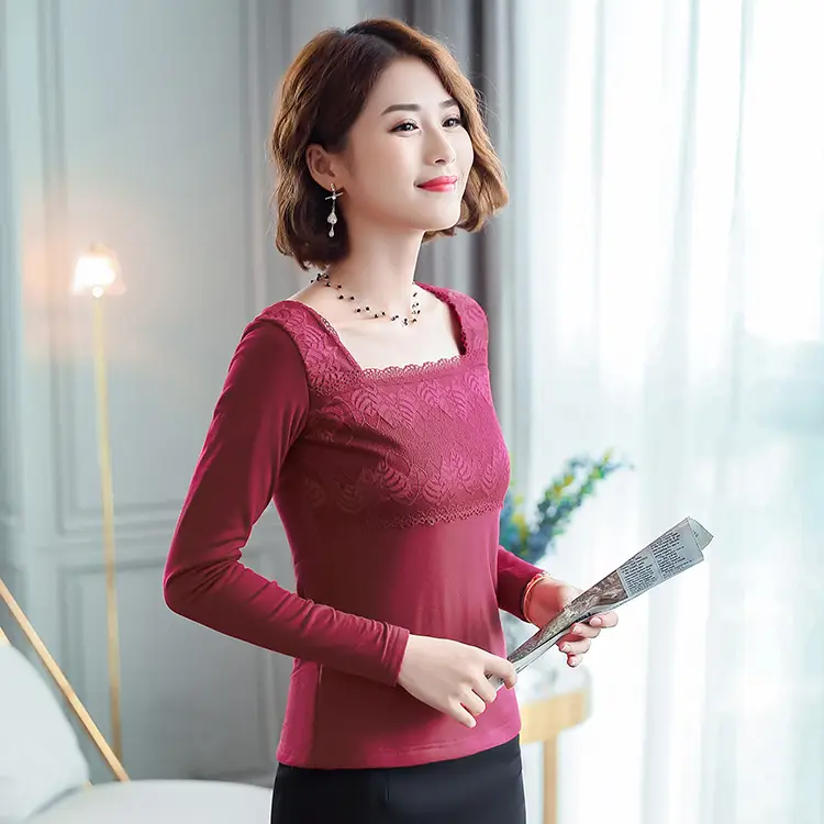 Women Fleece Lined Long Sleeve Top Black Red Slim Fit Large