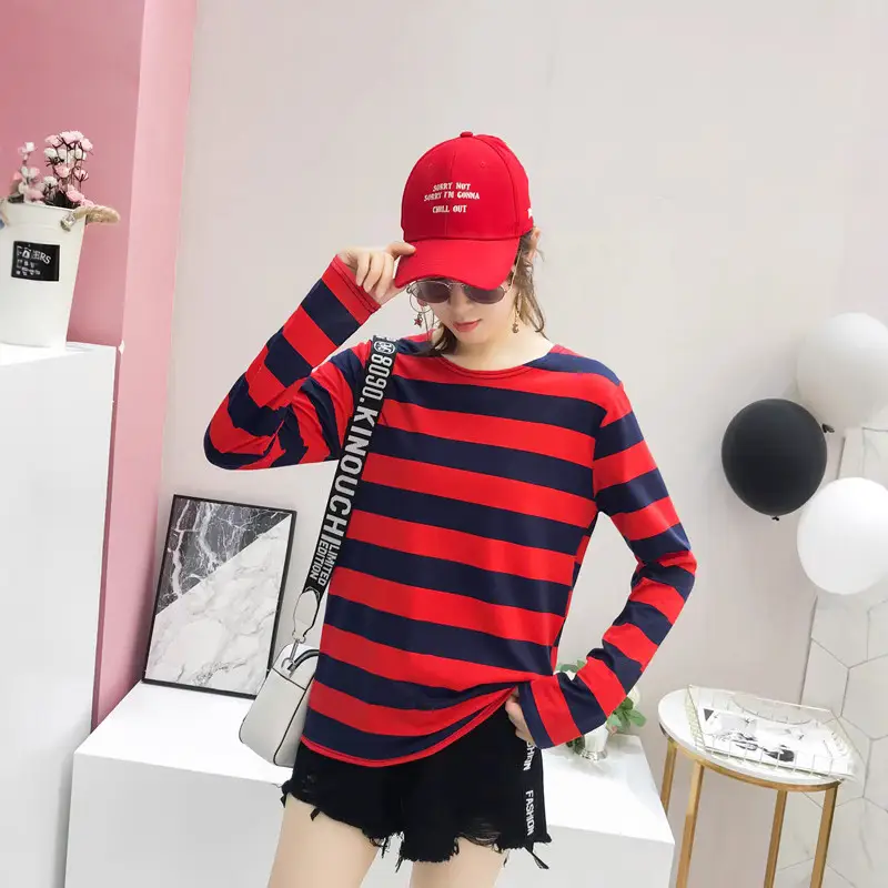 Women Long Sleeve Striped T-Shirt Green Blue Loose Fit Large - Image 6