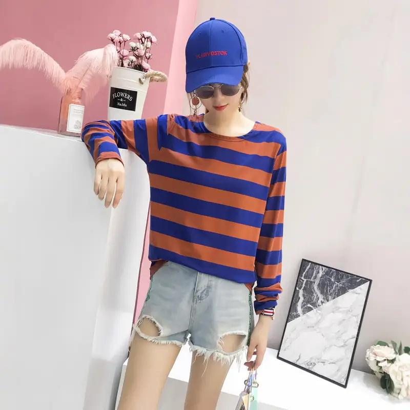 Women Long Sleeve Striped T-Shirt Green Blue Loose Fit Large - Image 7