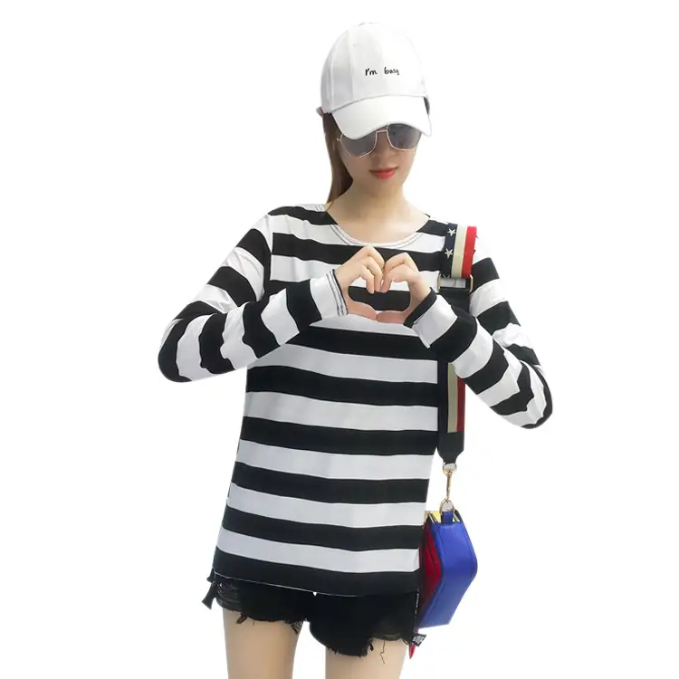 Women Long Sleeve Striped T-Shirt Green Blue Loose Fit Large - Image 9