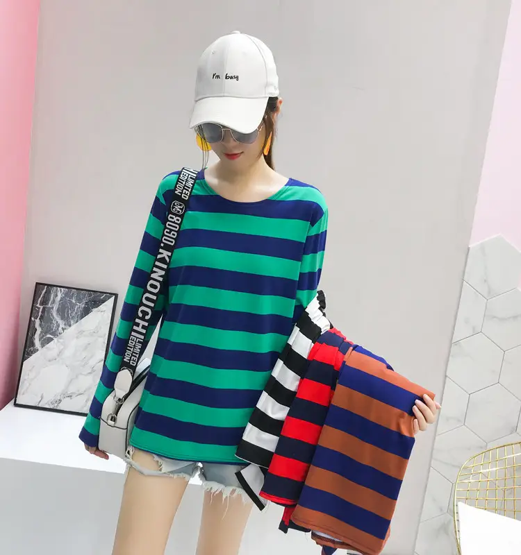 Women Long Sleeve Striped T-Shirt Green Blue Loose Fit Large — feature 10