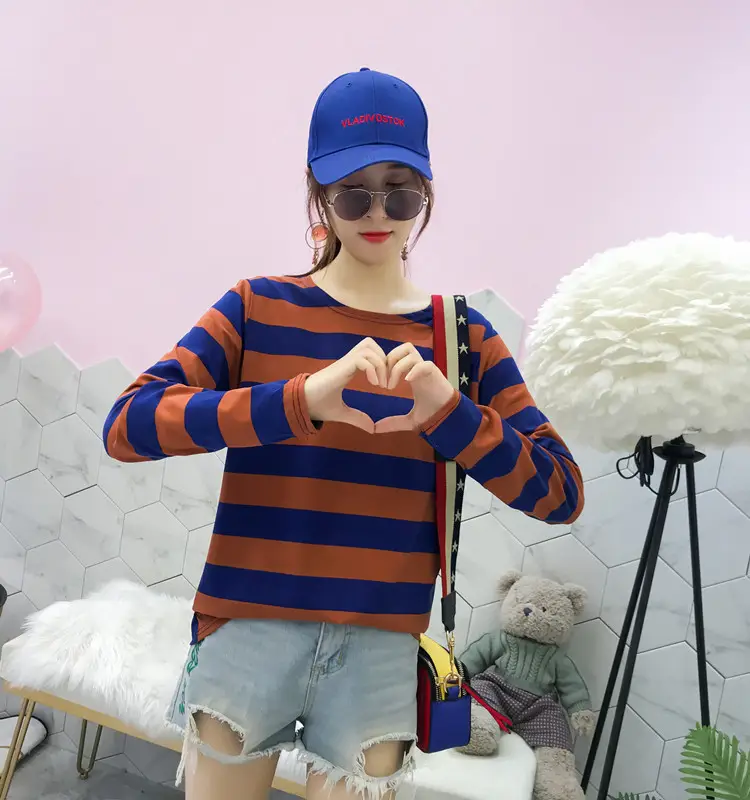 Women Long Sleeve Striped T-Shirt Green Blue Loose Fit Large — feature 12