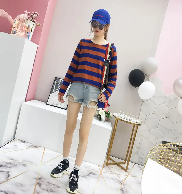 Women Long Sleeve Striped T-Shirt Green Blue Loose Fit Large — feature 13