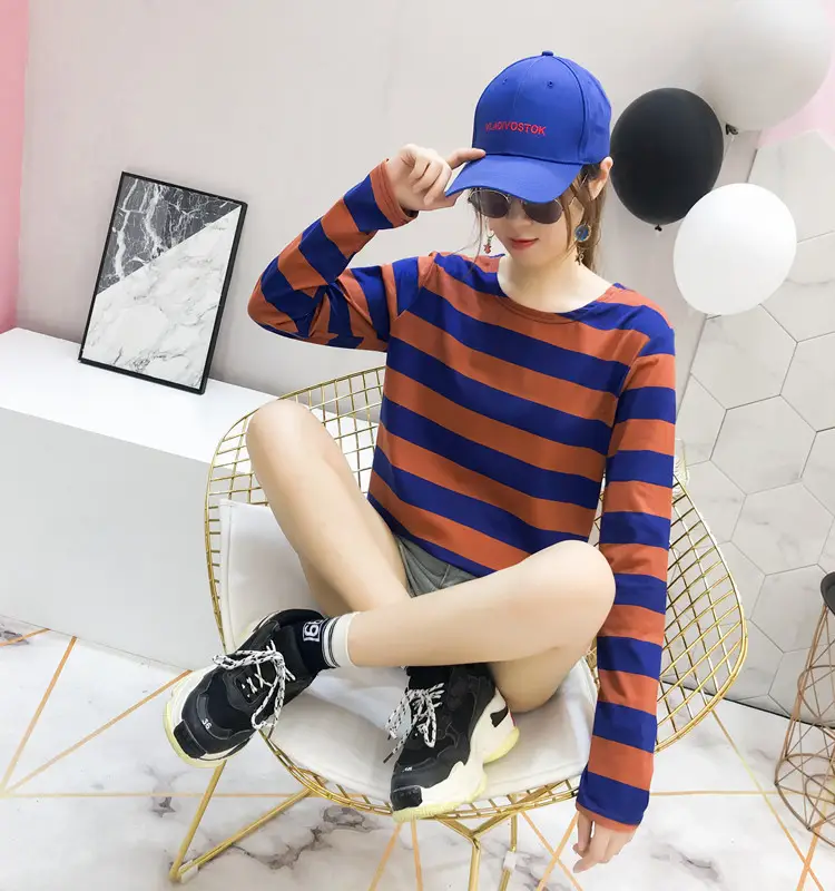Women Long Sleeve Striped T-Shirt Green Blue Loose Fit Large — feature 14