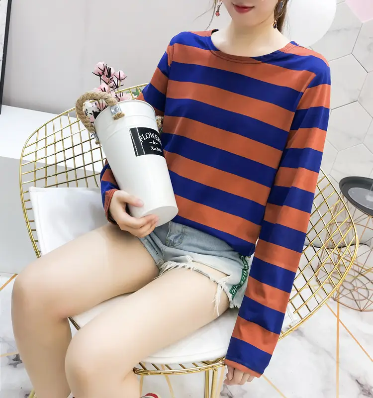 Women Long Sleeve Striped T-Shirt Green Blue Loose Fit Large — feature 15
