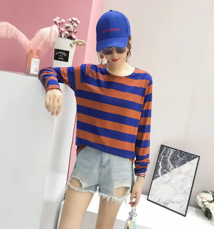 Women Long Sleeve Striped T-Shirt Green Blue Loose Fit Large — feature 16