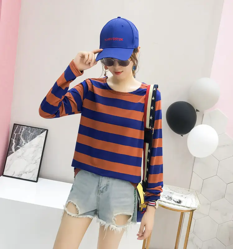 Women Long Sleeve Striped T-Shirt Green Blue Loose Fit Large — feature 17