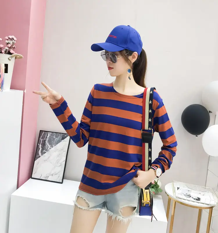 Women Long Sleeve Striped T-Shirt Green Blue Loose Fit Large — feature 18