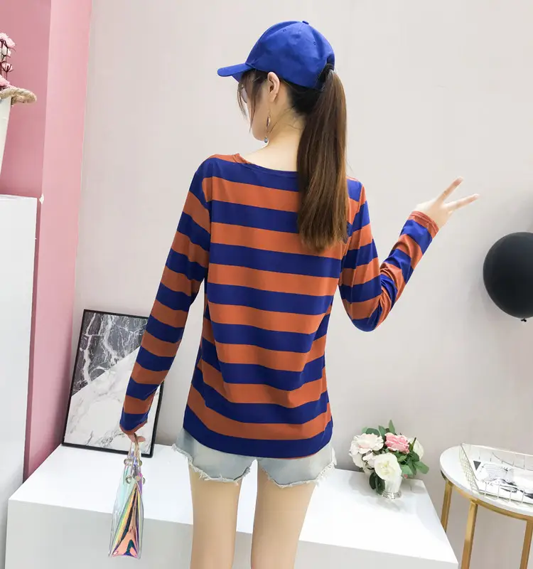 Women Long Sleeve Striped T-Shirt Green Blue Loose Fit Large — feature 19