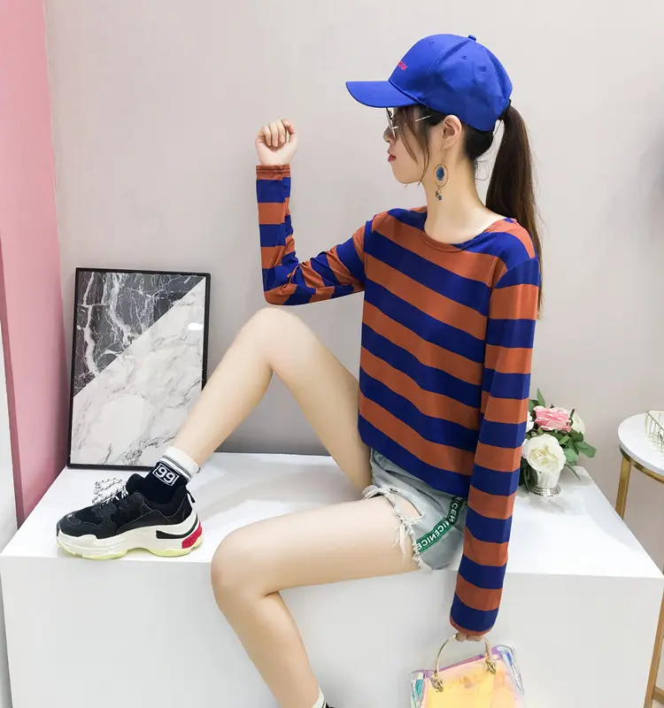 Women Long Sleeve Striped T-Shirt Green Blue Loose Fit Large — feature 20