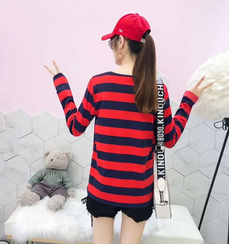 Women Long Sleeve Striped T-Shirt Green Blue Loose Fit Large — feature 23