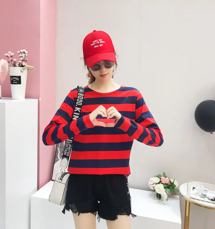 Women Long Sleeve Striped T-Shirt Green Blue Loose Fit Large — feature 24