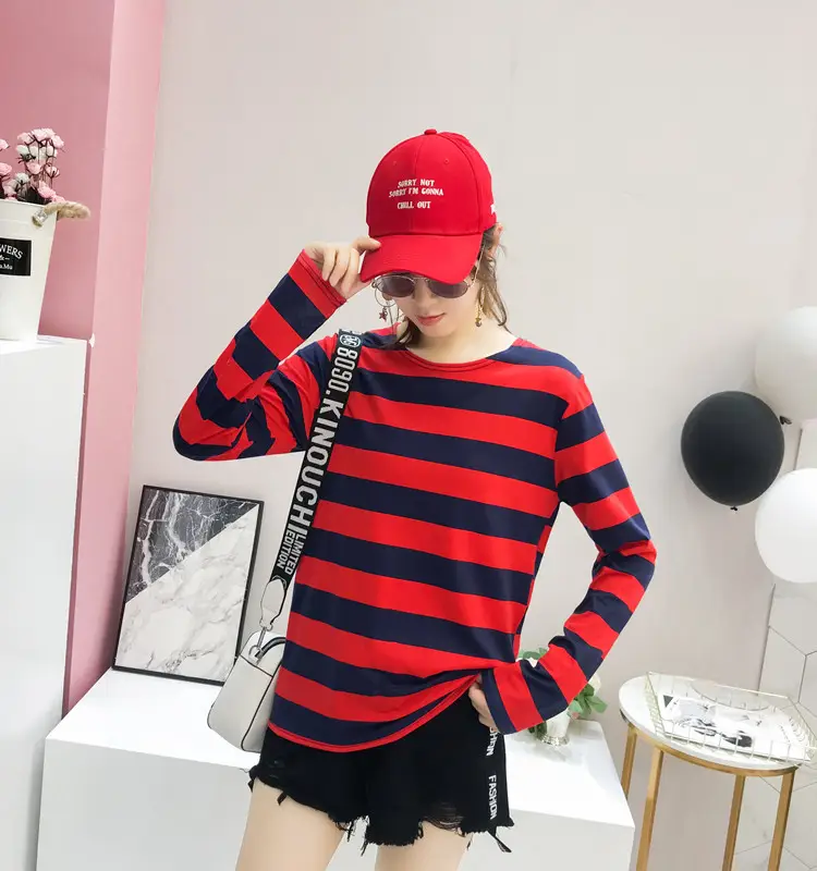 Women Long Sleeve Striped T-Shirt Green Blue Loose Fit Large — feature 25