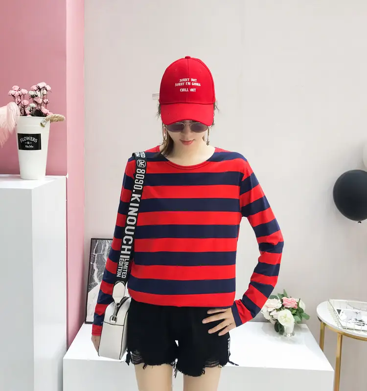 Women Long Sleeve Striped T-Shirt Green Blue Loose Fit Large — feature 26