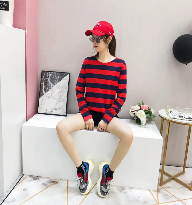 Women Long Sleeve Striped T-Shirt Green Blue Loose Fit Large — feature 27