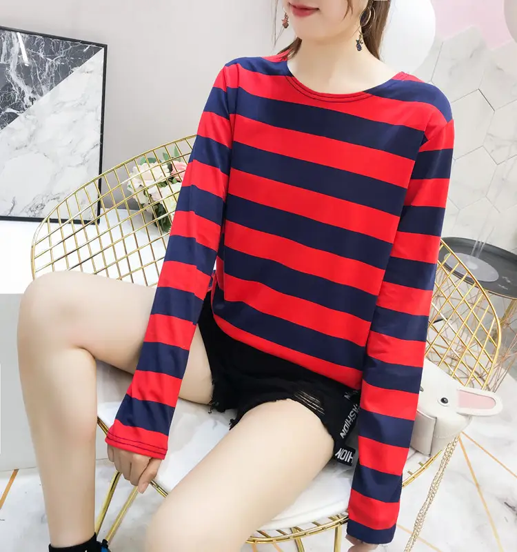 Women Long Sleeve Striped T-Shirt Green Blue Loose Fit Large — feature 28
