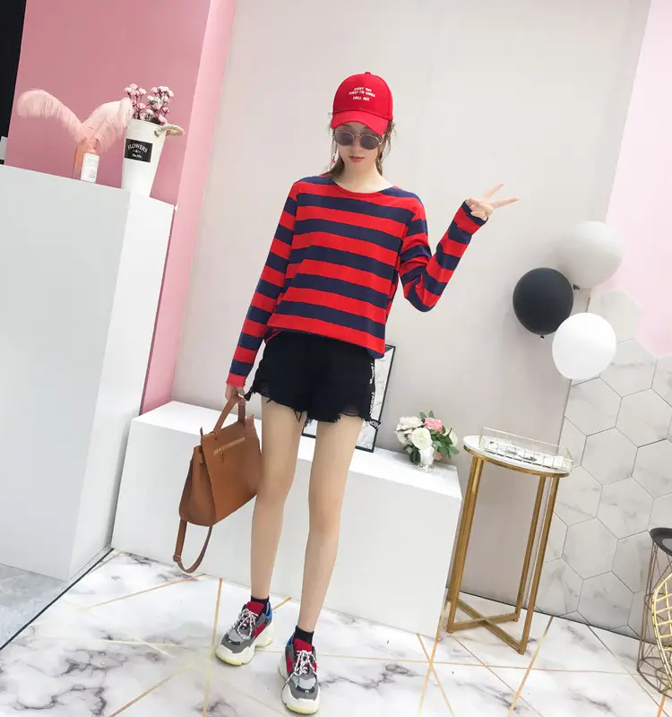 Women Long Sleeve Striped T-Shirt Green Blue Loose Fit Large — feature 29
