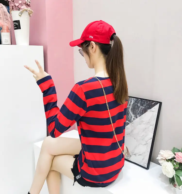 Women Long Sleeve Striped T-Shirt Green Blue Loose Fit Large — feature 30