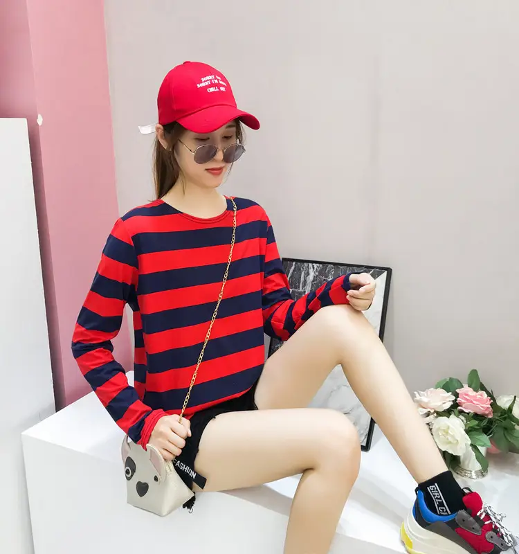 Women Long Sleeve Striped T-Shirt Green Blue Loose Fit Large — feature 31