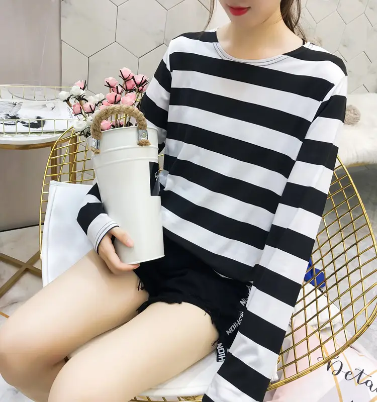 Women Long Sleeve Striped T-Shirt Green Blue Loose Fit Large — feature 32