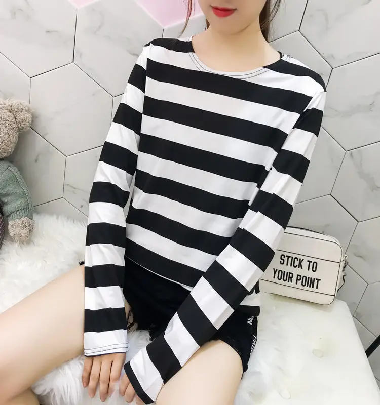 Women Long Sleeve Striped T-Shirt Green Blue Loose Fit Large — feature 33