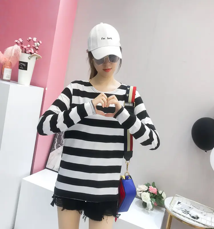 Women Long Sleeve Striped T-Shirt Green Blue Loose Fit Large — feature 36