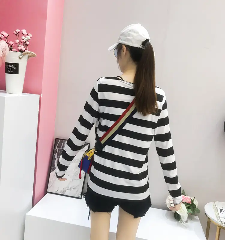 Women Long Sleeve Striped T-Shirt Green Blue Loose Fit Large — feature 37