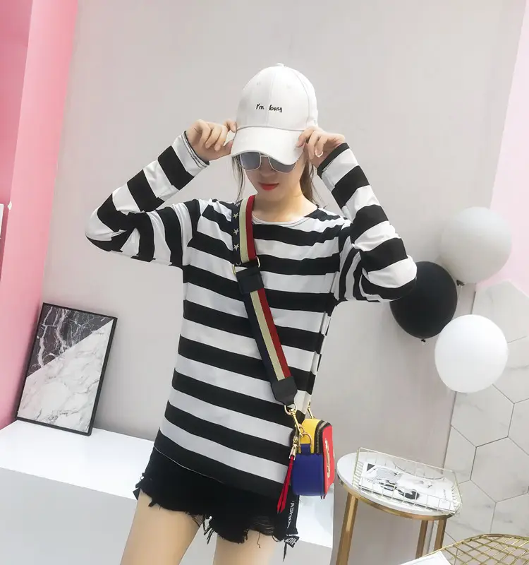 Women Long Sleeve Striped T-Shirt Green Blue Loose Fit Large — feature 38