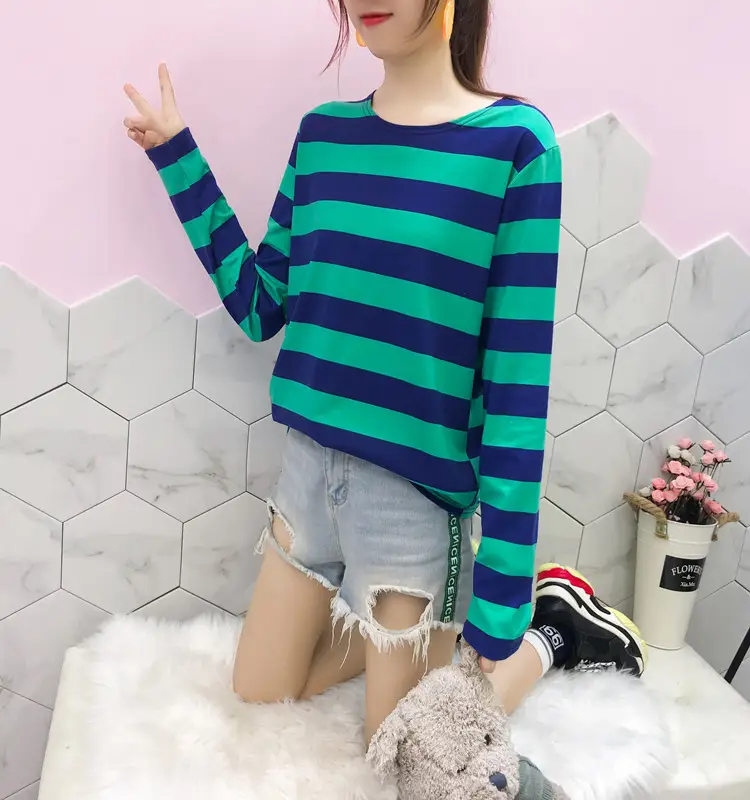 Women Long Sleeve Striped T-Shirt Green Blue Loose Fit Large — feature 4