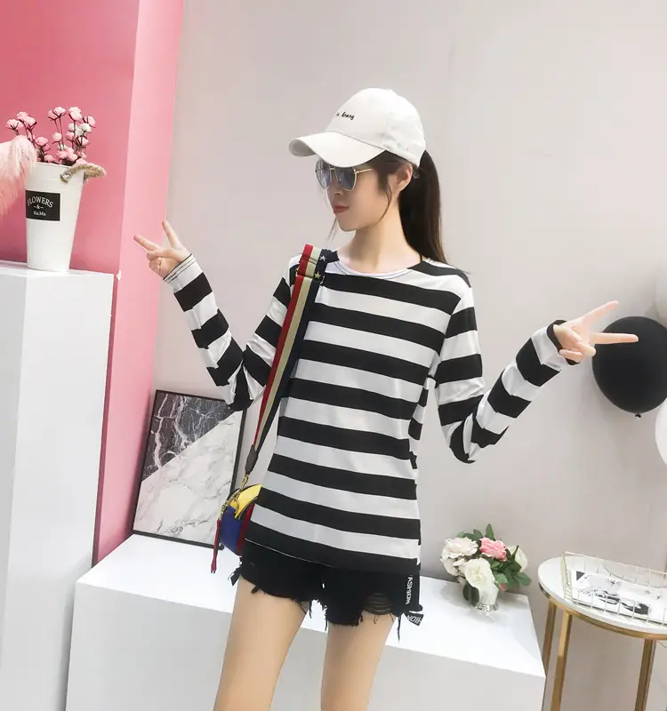 Women Long Sleeve Striped T-Shirt Green Blue Loose Fit Large — feature 40