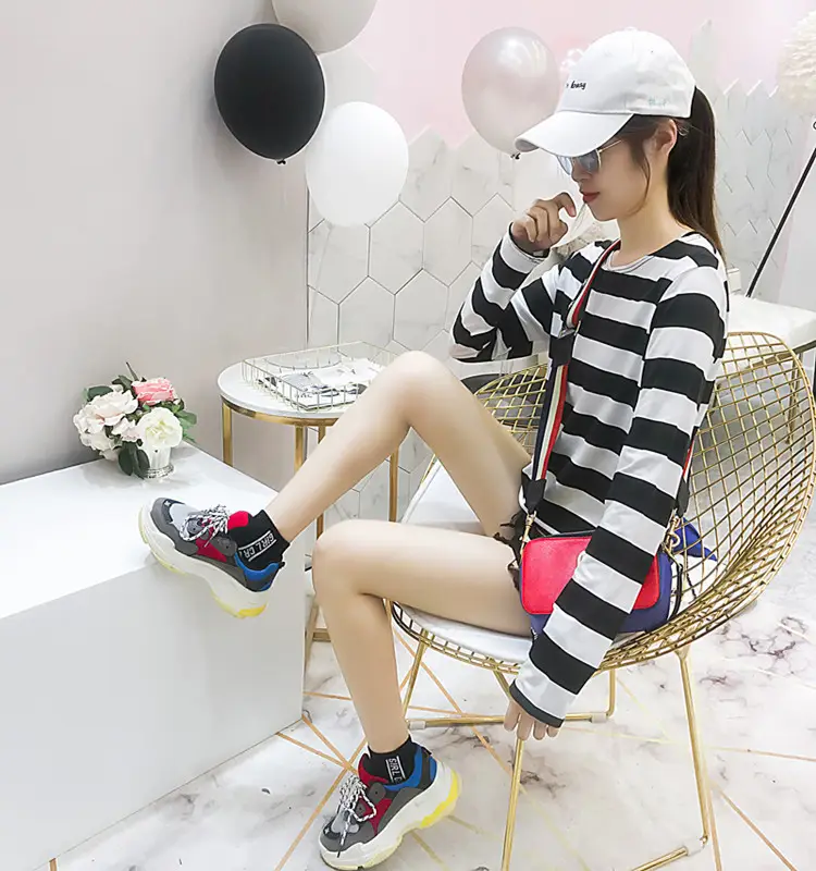 Women Long Sleeve Striped T-Shirt Green Blue Loose Fit Large — feature 41