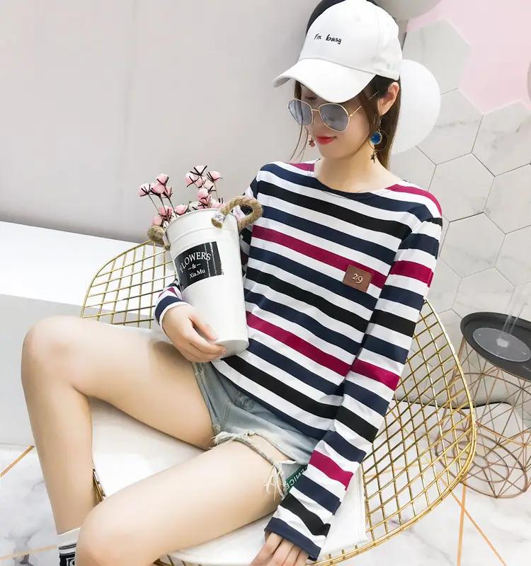 Women Long Sleeve Striped T-Shirt Green Blue Loose Fit Large — feature 45